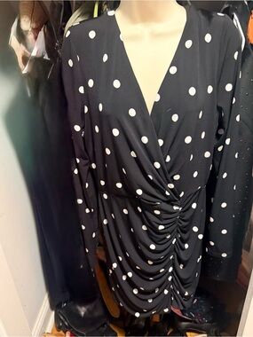 Black Halo Black and White Polka Dot Ruched Wrap Dress